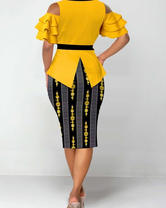 Cold Shoulder Belted Yellow V Neck Dress