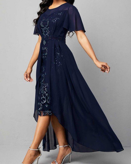 Sequin Embroidered Chiffon Round Neck Dress