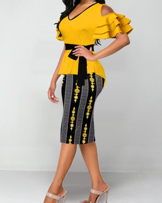 Cold Shoulder Belted Yellow V Neck Dress