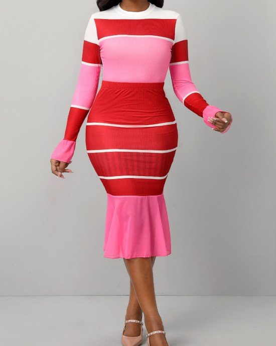 Peach Red Long Sleeve Top and Bodycon Skirt