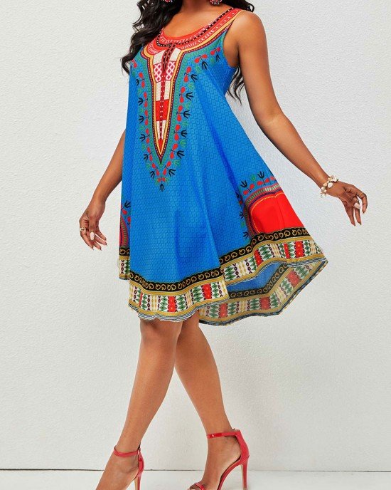 Wide Strap Tribal Print Round Neck Dress