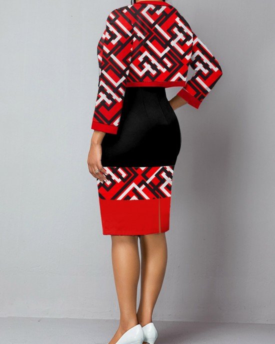 Geometric PrintRed Long Sleeve Bodycon Dress and Cardigan