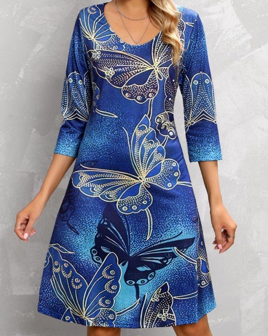 Butterfly Print 3/4 Sleeve Blue Dress