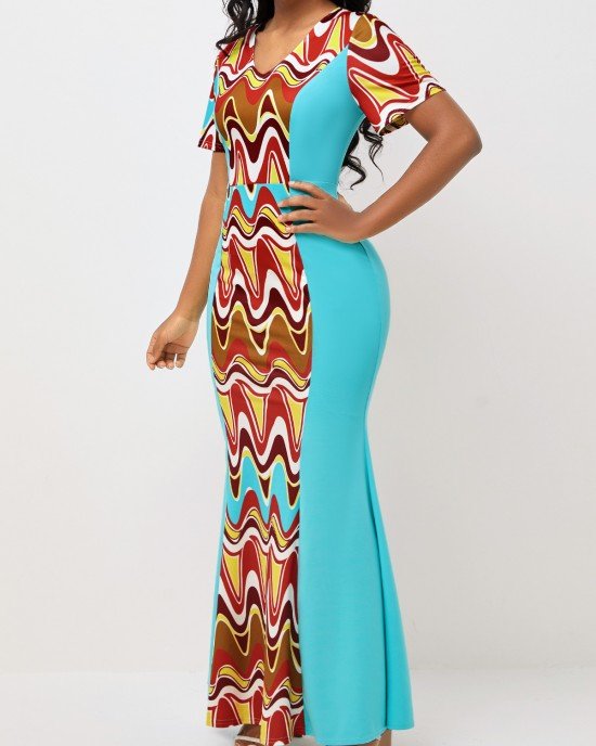 Cyan Tribal Print Short Sleeve V Neck Dress