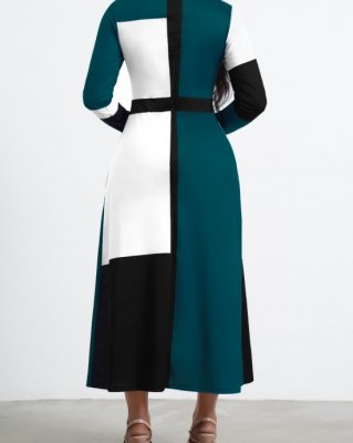 Green Contrast Long Sleeve Round Neck Dress