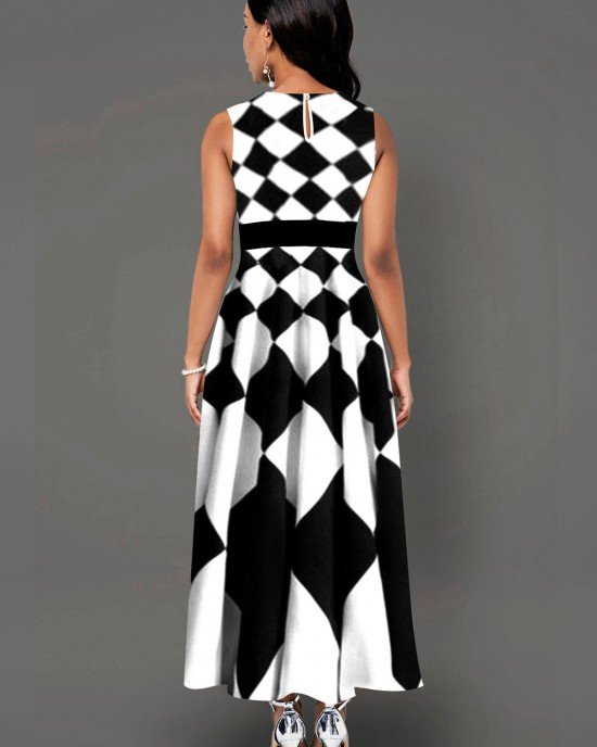 Sleeveless Geometric Print Side Poclket Maxi Dress