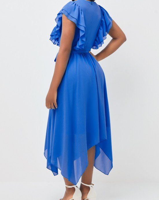 Blue Asymmetric Hem Belted V Neck Dress