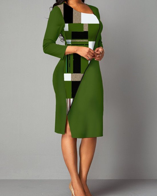 Geometric Print 3/4 Sleeve Sheath Dress