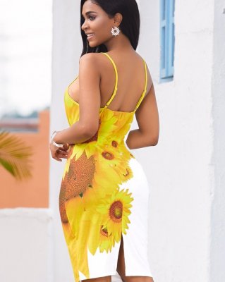 Back Slit Sunflower Print Spaghetti Strap Dress