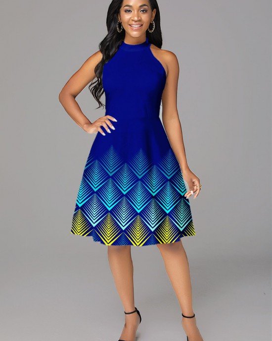 Geometric Print Bib Neck Sleeveless Dress