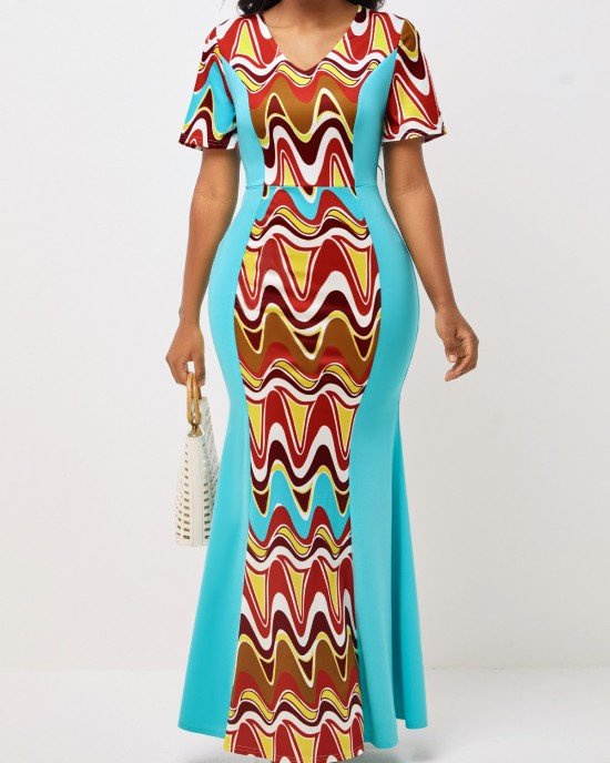 Cyan Tribal Print Short Sleeve V Neck Dress