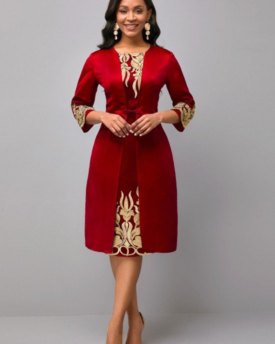 3/4 Sleeve Round Neck Embroidered Dress