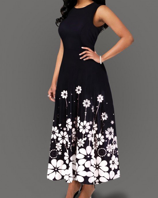 Round Neck Flower Print Color Block Maxi Dress