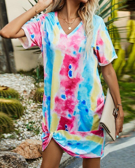 Tie Dye Print Twist Hem Dress