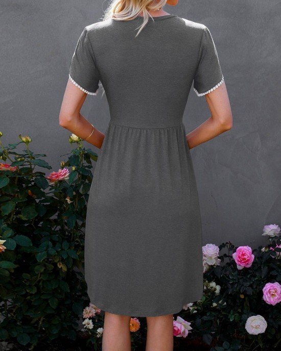 Light Grey Lace Stitching Petal Sleeve Dress