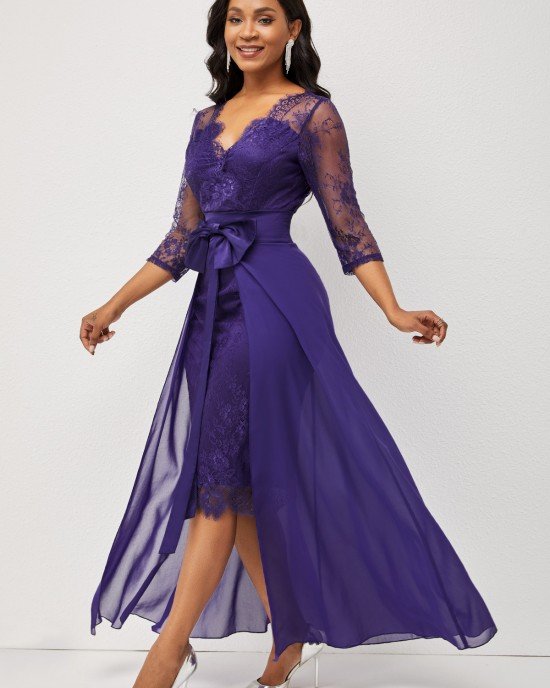 3/4 Sleeve Purple Multiway Lace Patchwork Dress