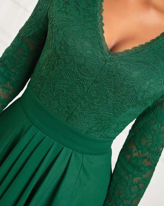 Green High Low V Neck Lace Dress