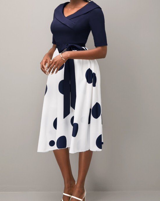 Belted Navy Blue Polka Dot Cross Front Dress