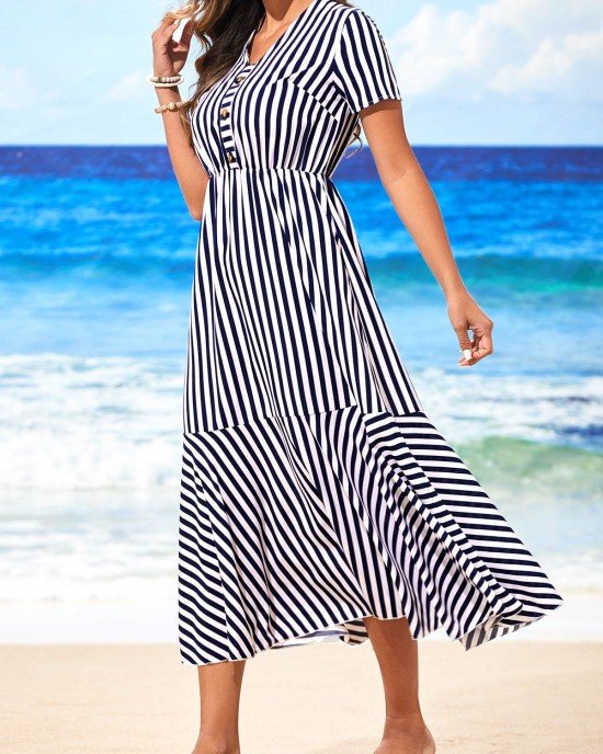 Single Breasted Stripe Print Color Block Dress