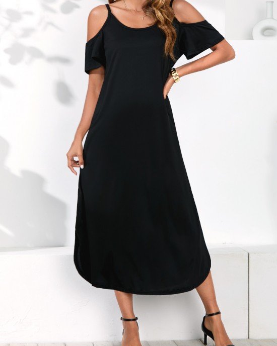 Cold Shoulder Black Double Side Pockets Dress