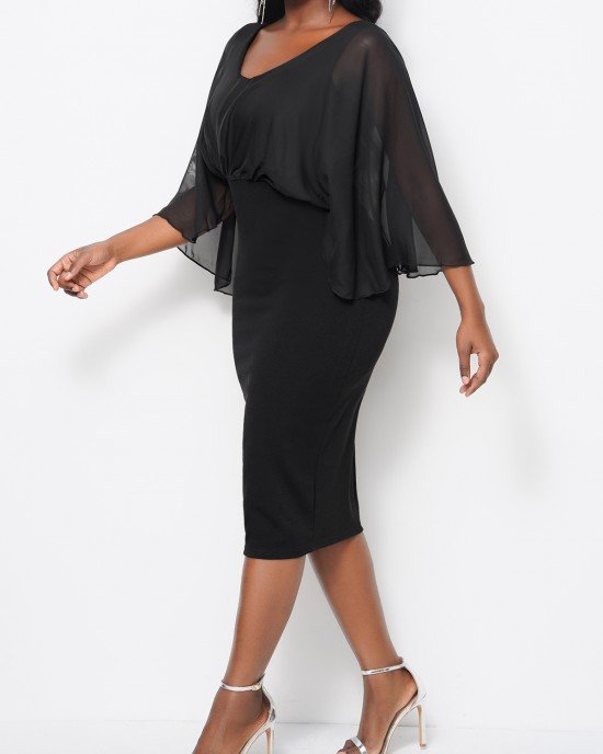 Cape Sleeve Black V Neck Dress