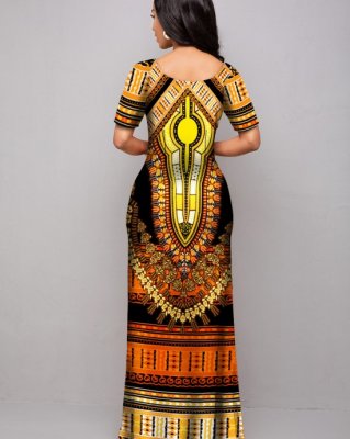 Short Sleeve Tribal Print Round Neck Dress