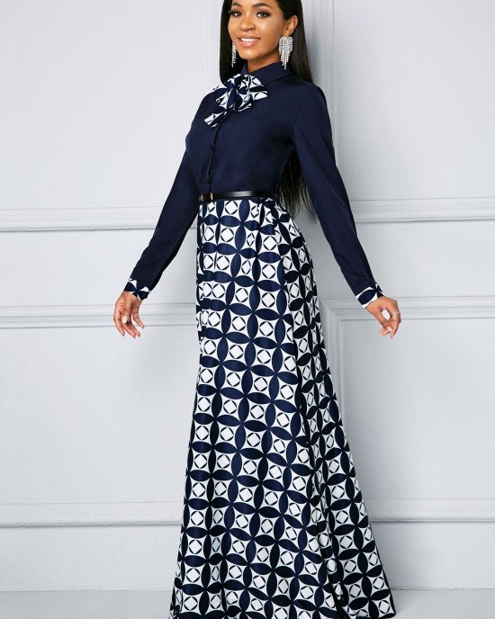 Bowknot Long Sleeve Geometric Print Maxi Dress