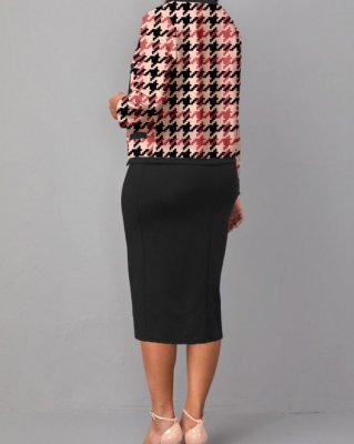 Houndstooth Print Two Piece Pink Dress and Cardigan