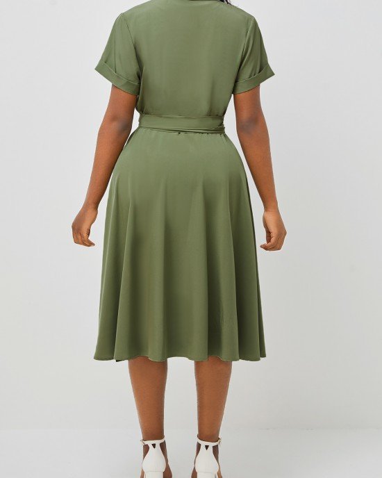 Notch Collar Short Sleeve Army Green Dress