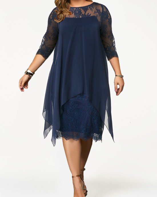 Chiffon Overlay Three Quarter Sleeve Lace Dress