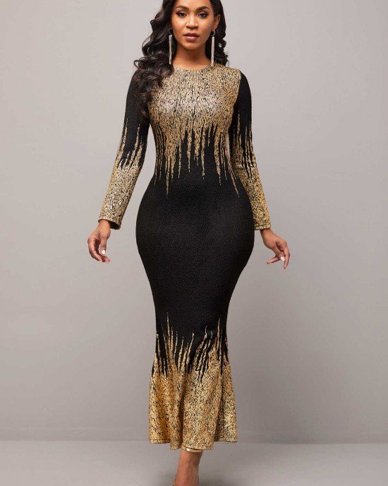 Ombre Long Sleeve Golden Mermaid Dress