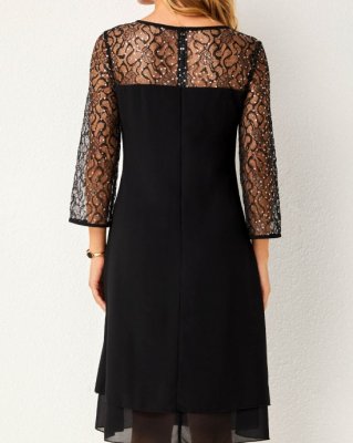 Layered Hem Lace Stitching Round Neck Dress