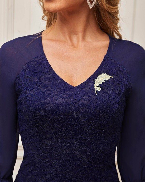 Navy Blue Lace Patchwork V Neck Dress