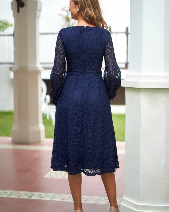 Paisley Lace Panel Navy Blue Drawstring Waist Dress