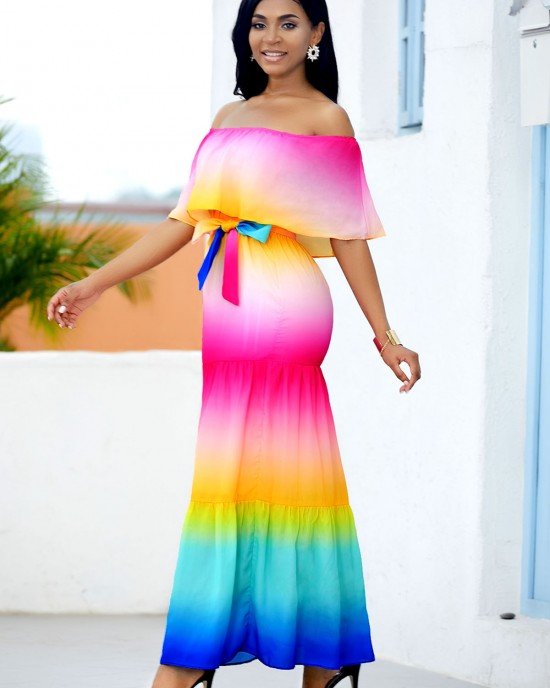 Ruffle Overlay Rainbow Color Printed Maxi Dress