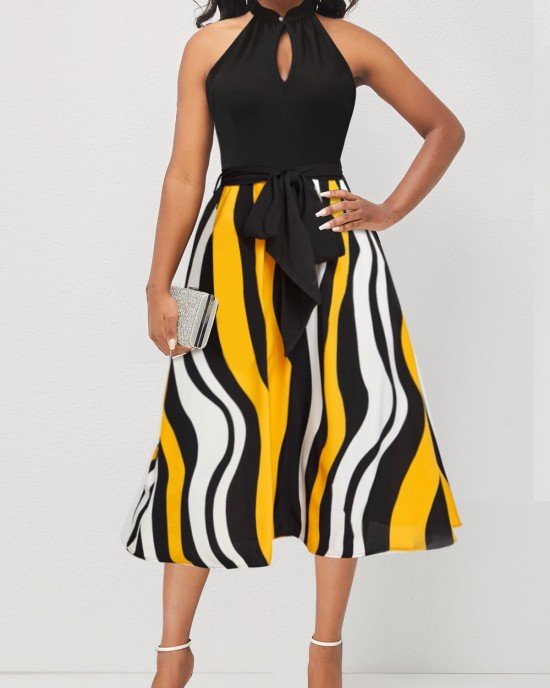 Bib Neck Color Block Striped Belted Dress