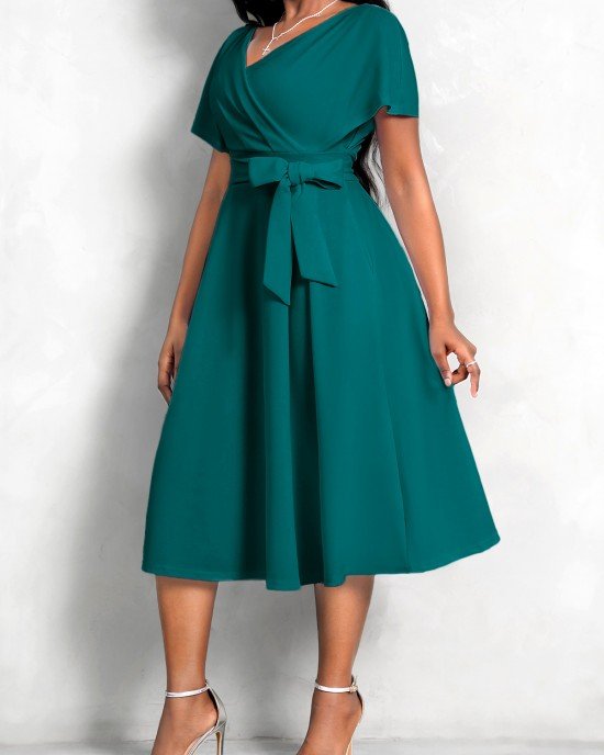 Short Sleeve V Neck Belted Dress