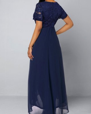 Chiffon Lace Stitching Asymmetric Hem Navy Blue Dress