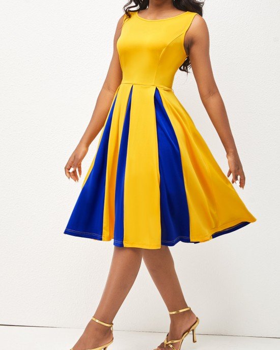 Round Neck Sleeveless Yellow Contrast Dress