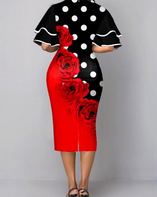 Polka Dot Layered Bell Sleeve Color Block Dress