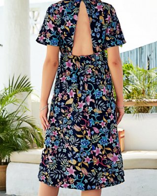 Floral Print Navy Blue Open Back Dress