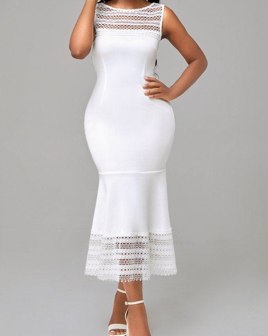 White Lace Patchwork Sleeveless Mermaid Dress