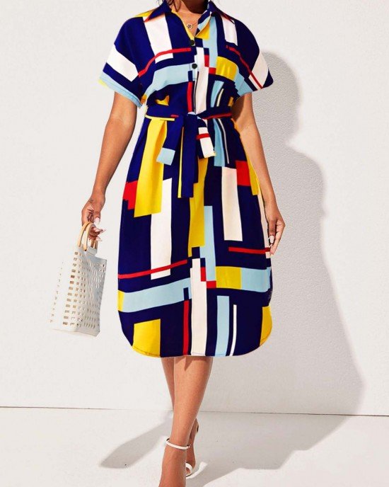 Belted Turndown Collar Geometric Print Dress