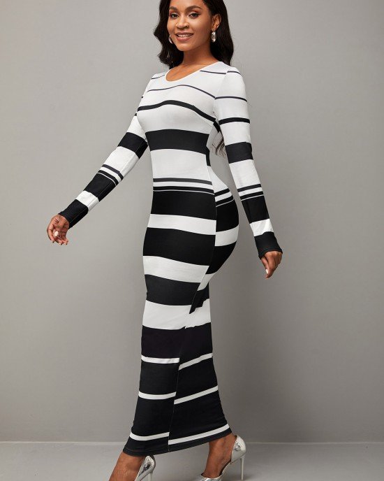 Striped Round Neck Color Block Dress