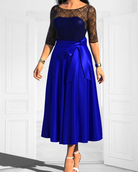 Bowknot Lace Stitching Royal Blue Belted Dress