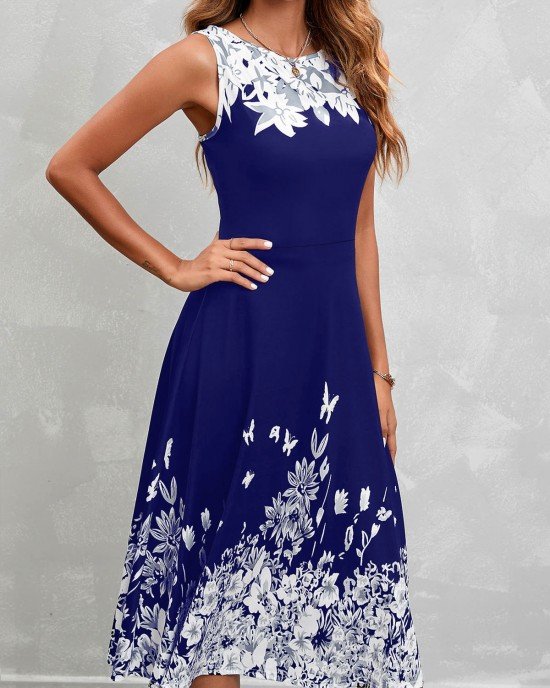 Floral Print Sleeveless Navy High Waist Dress