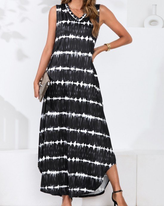 Tie Dye Print Black V Neck Maxi Dress