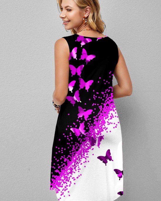 Butterfly Print Contrast Double Pocket Dress