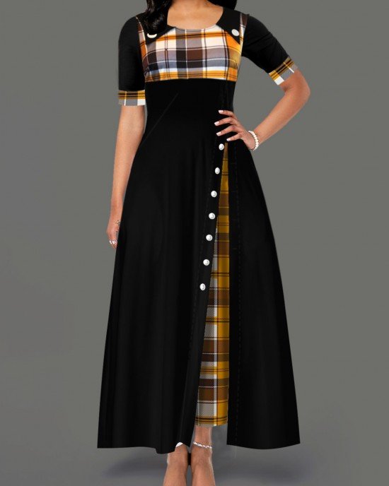 Decorative Button Ginger Plaid Round neck Dress