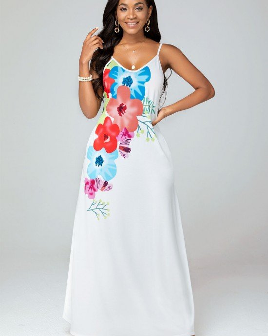 Spaghetti Strap Floral Print Double Pockets Maxi Dress